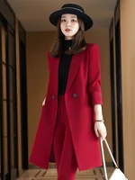 korean womens autumn and winter red business classic double row button 2 piece suit suit two piece formal suit long style