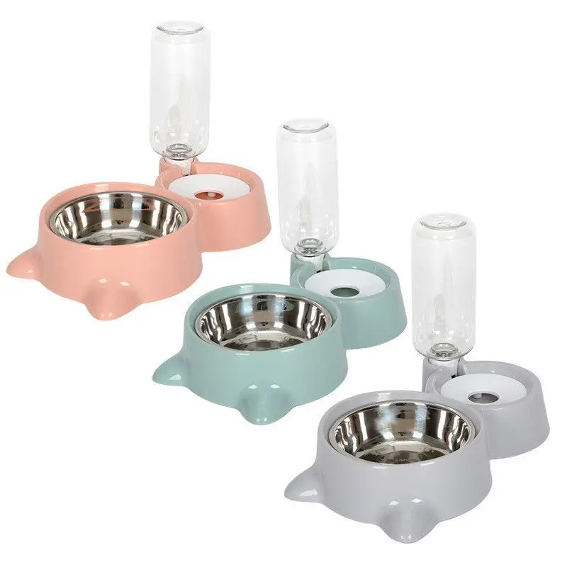

Double Bowl Water Cat Dog Bowls Pet Food Water Feeder Bowl Automatic Water Storage Stainless Steel Non-wetting Mouth
