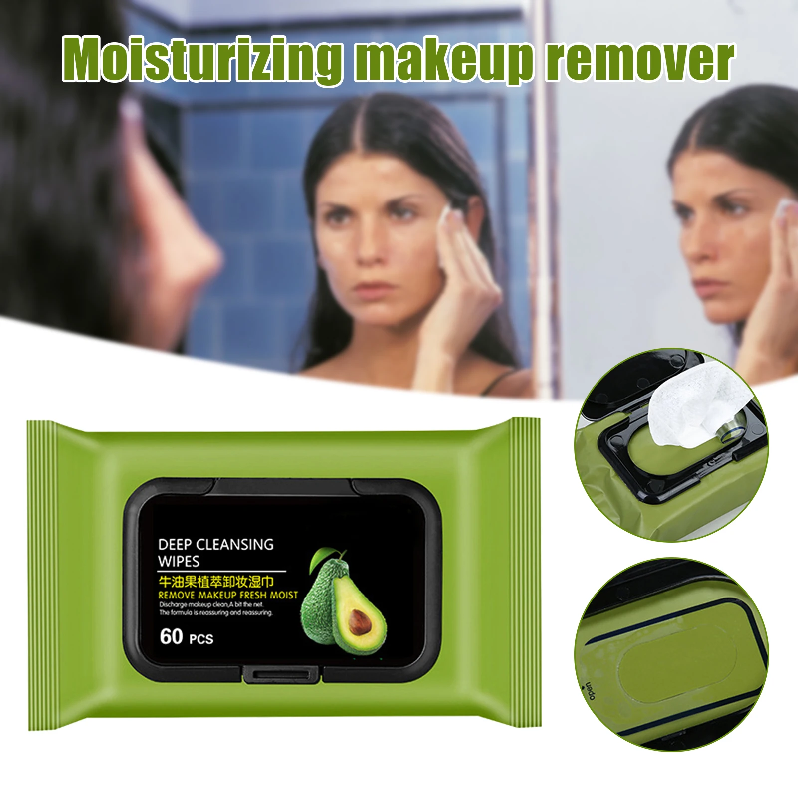 

60Count/Pack Avocado Makeup Remover Wipes Pure Cotton Gentle Deep Cleansing Facial Makeup Remover SMJ