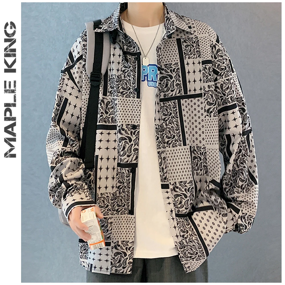 

Рубашка в стиле Харадзюку для мужчин и женщин, винтажная клетчатая рубашка большого размера с длинным рукавом и цветочным принтом, корейска...