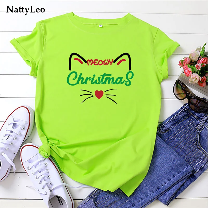 

2020 Women Fashion Clothing Christmas Cat Print TShirt 100%Cotton Plus Size T Shirt O Neck Short Sleeve Women T-Shirt Summer Top
