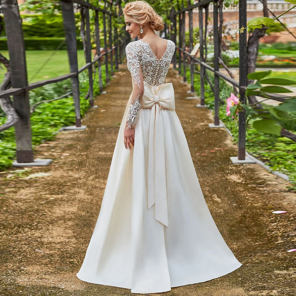 

Vestidos Elegant Wedding Dresses Jersey Appliques Bows Pleat O-Neck Full Sleeve Covered Button A-Line Bridal Gowns