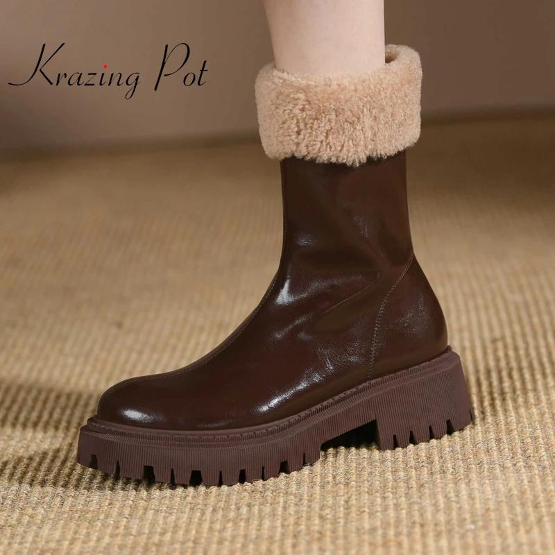 

krazing pot cow split leather round toe med heel snow boots winter warm fur British style retro fashion zipper ankle boots L27