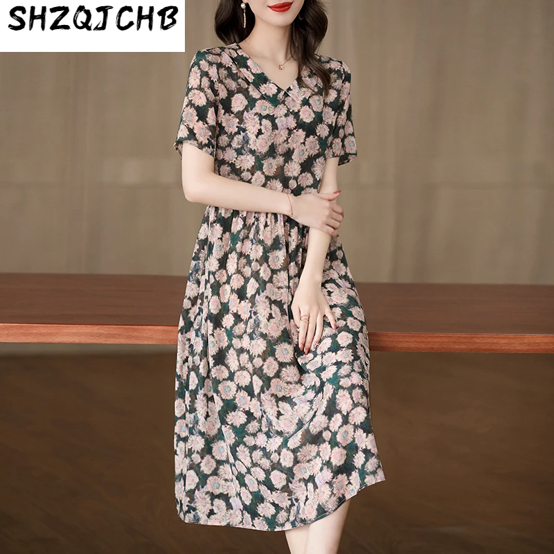 

Женское шелковое платье SHZQ, новый стиль лета 2021, юбка средней длины из шелка тутового шелкопряда с V-образным вырезом
