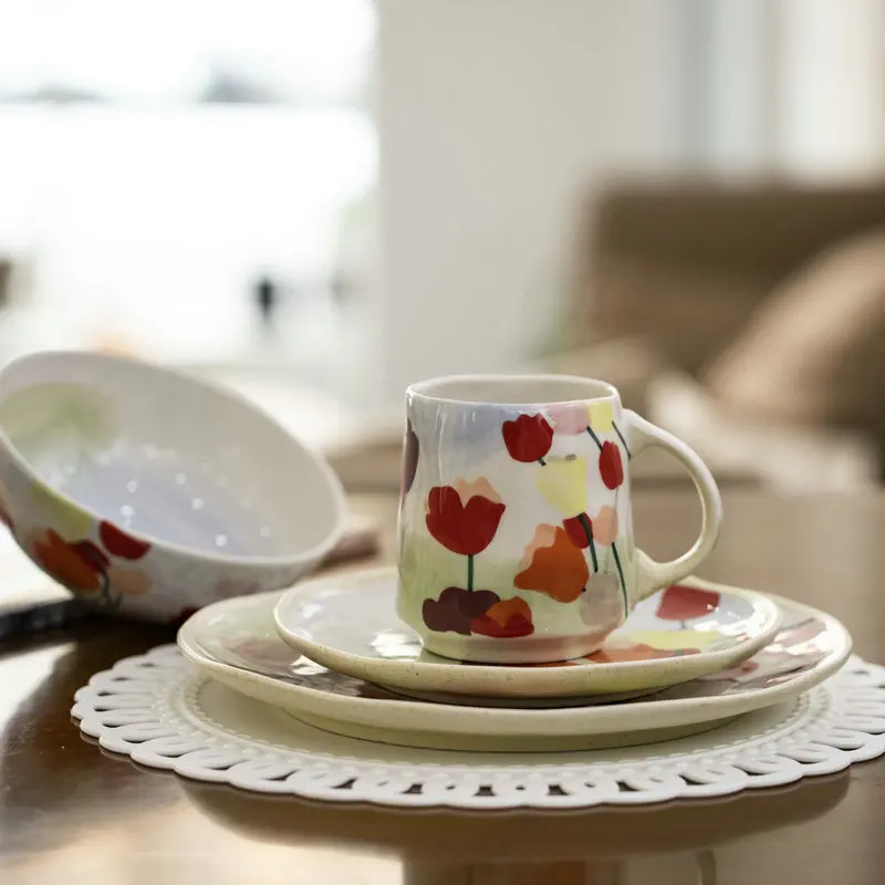 

Ceramic Coffee Mug Hand-Painted Tulip Plate Steak Plate Simplicity Milk Cups Irregular New Year кружка для чая American Style
