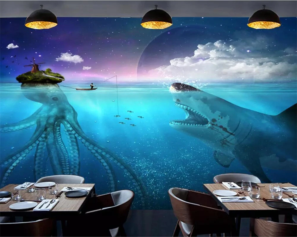 wellyu Custom wallpaper underwater world shark octopus restaurant cafe tool background wall 3D wallpaper luxury home decoration