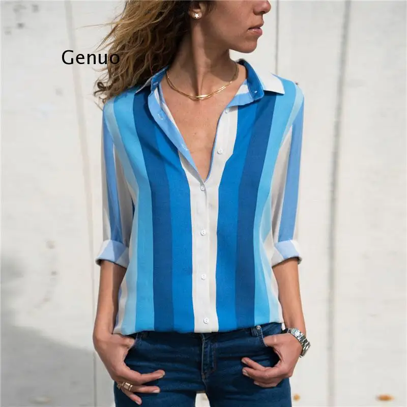 

Woman Girl Summer Fall Blouse Full Sleeve Casual Women Blouse Plus Size 2XL 3XL Chiffon Tops Striped Clothing