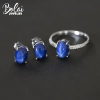 bolai star sapphire jewelry sets 925 sterling silver oval created blue gemstone stud earrings ring womens gift simple style