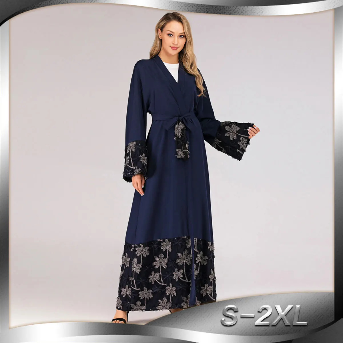 Women's Fashion Loose Muslim National Style Robe Mesh Stitching Embroidery Cardigan Blue | Тематическая одежда и