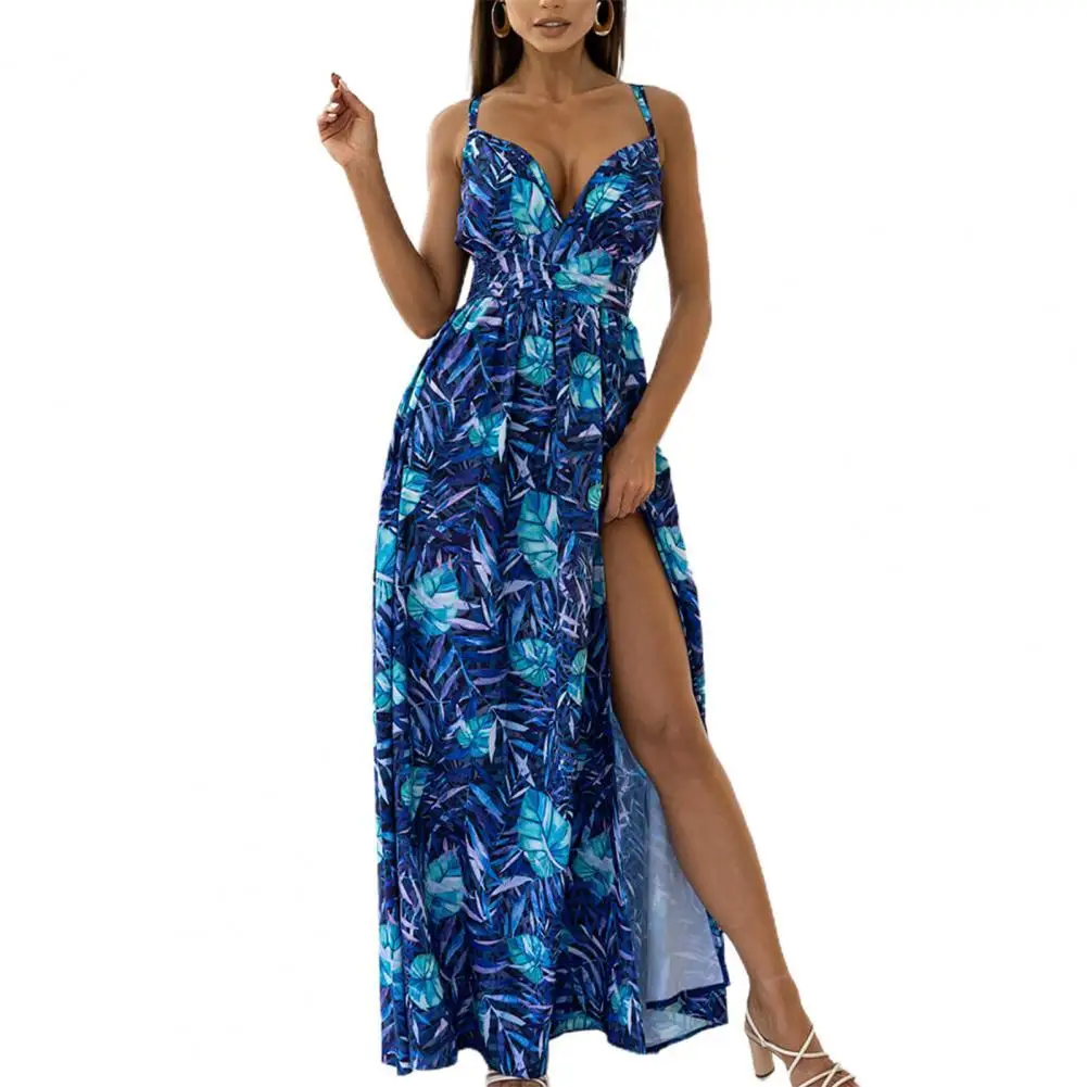 

2021 Summer Vintage Ladies Dress High Waist Ethnic Print Split Sexy V Neck Sleeveless Backless Sling Dress for Beach
