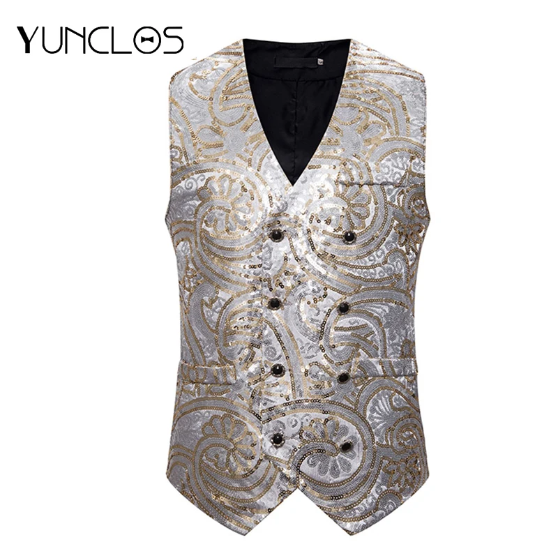 Мужской костюм с пайетками двубортный жилет для свадьбы жениха приталенный