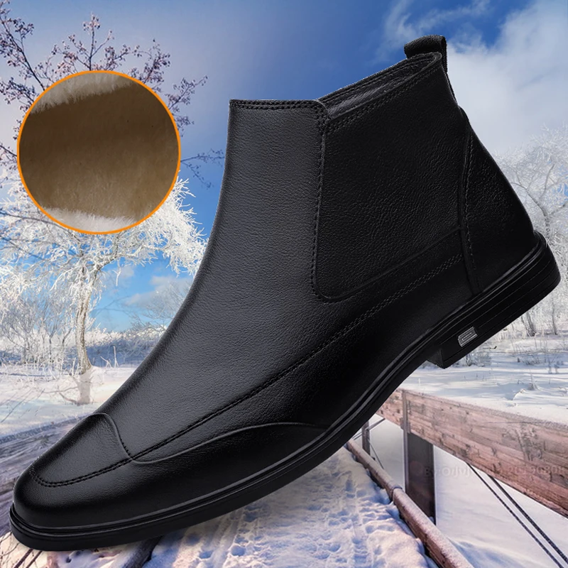 Men's Shoes Casual Men Boots Genuine Leather Autumn Or Winter Waterproof Warm Snow Brown Black High Ankle Business Boots For Men