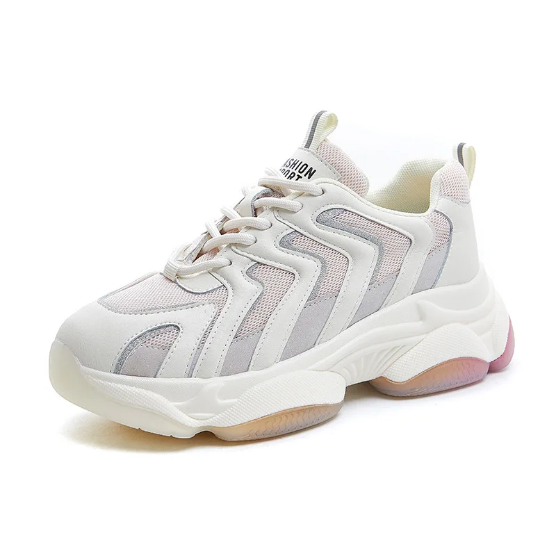 

2021 Genuine Leather Women's Chunky Sneakers Thick Bottom Platform Vulcanize Shoes Breathable Casual Women Shoes For Woman New