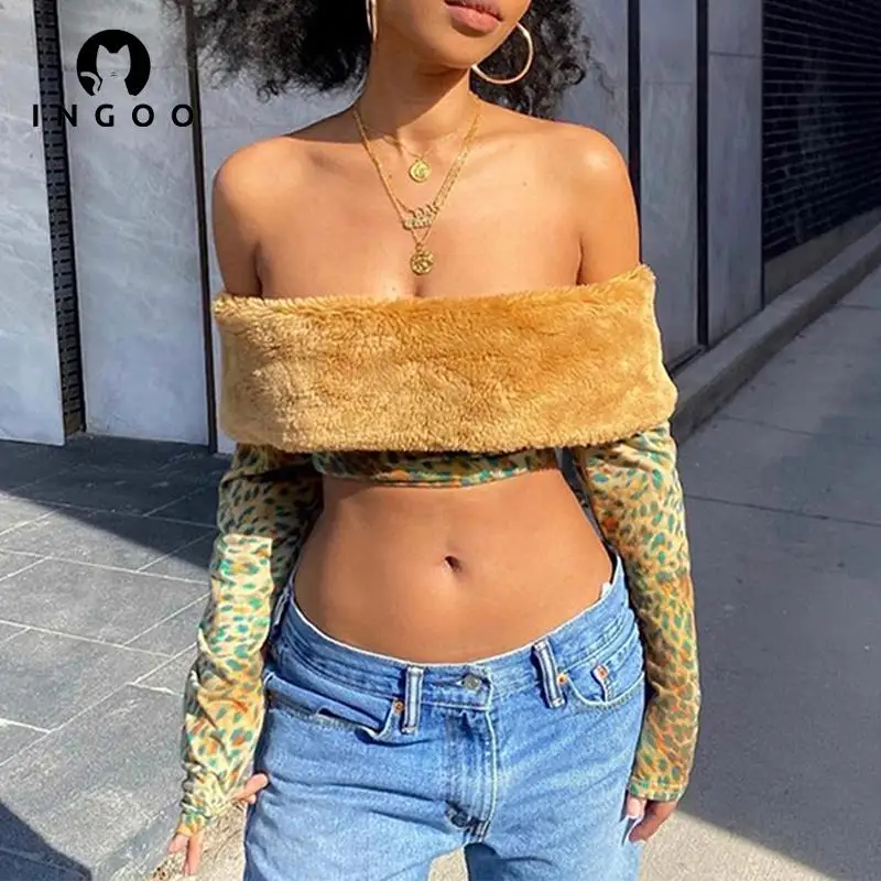

INGOO Fall Sexy Off Shoulder Long Sleeve Crop Tops Women Strapless Leopard Printed Fleece T-shirts Y2k Winter Fashion Streetwear