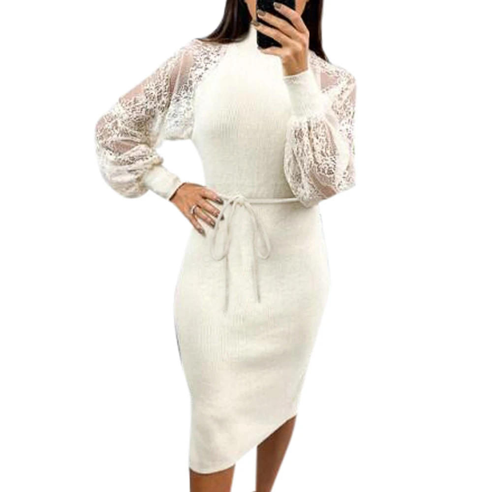 Женское платье однотонное до колена весна 2020 водолазка кружевное с