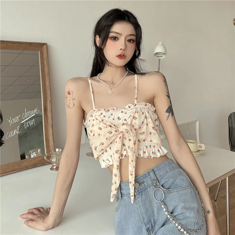 

womenn's fashion Bow condole belt vest female sexy summer flower printing sleeveless pleated tie tie cute camisole top