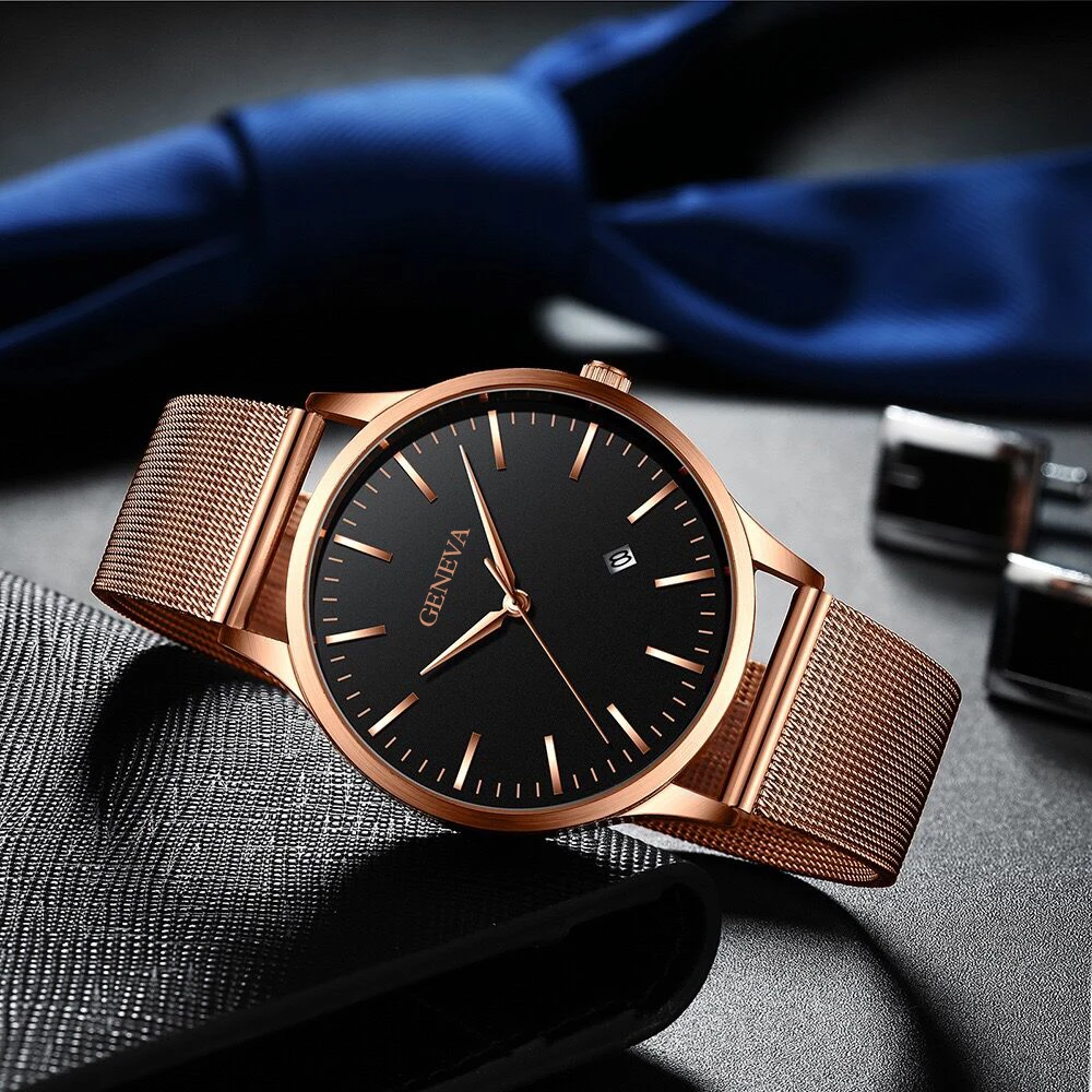 

Fashionable Men's Watch Top Brand Luxury Watches Quartz Clock Black Mesh Belt Watch Ultra-Thin Stainless Steel Mesh Belt round