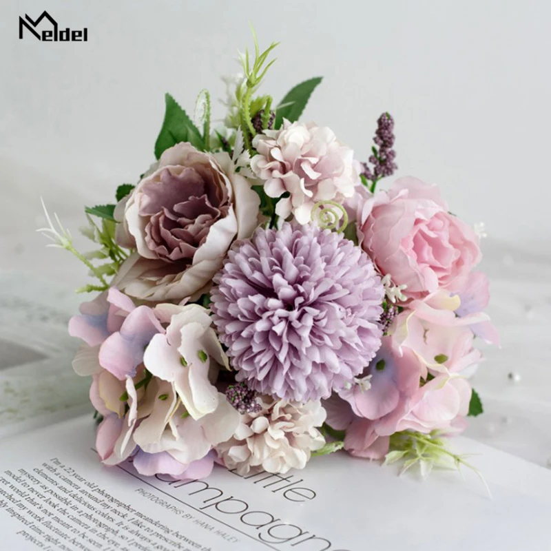 Meldel Fake Flower Bouquet 7 Heads Hydrangea Flowers Artificial Silk Blooming Rose Peony Pompon Bride Wedding Decoration | Свадьбы и
