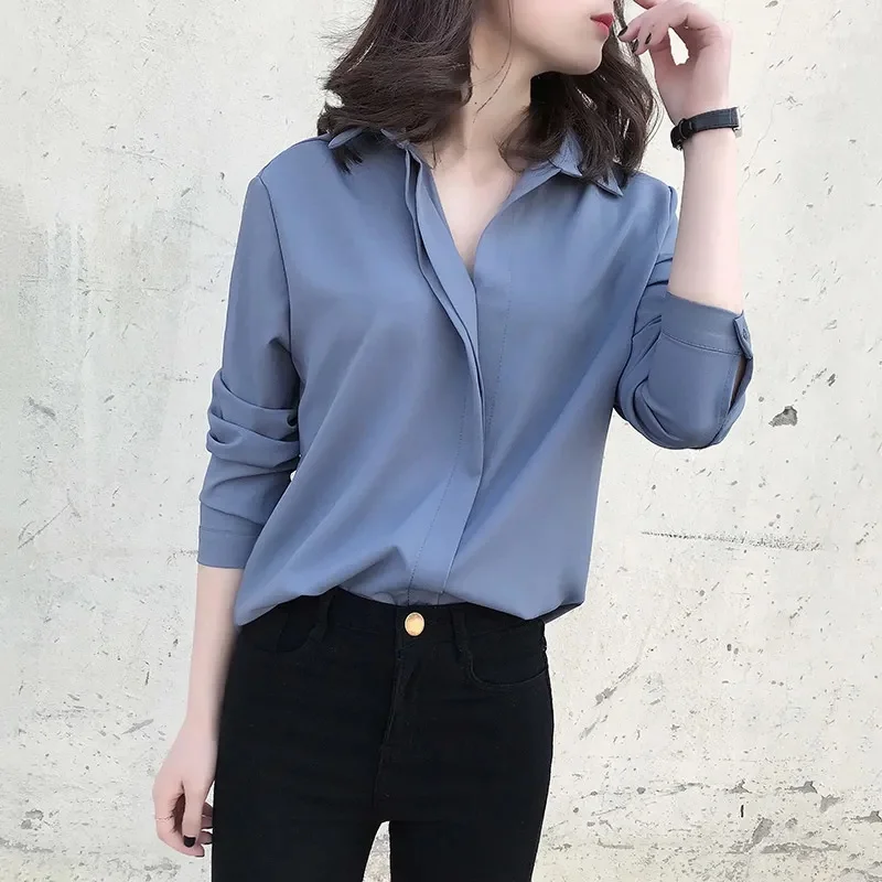 

Women Office Lady 2021 New Shirt Long-sleeved/Short-sleeved Pullover Loose V-neck Chiffon Solid Color Top