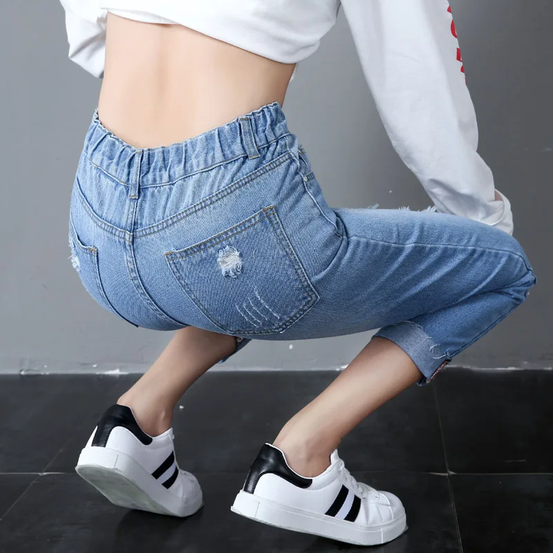 JoinYouth/однотонные джинсы с дырками и высокой талией эластичные большого размера