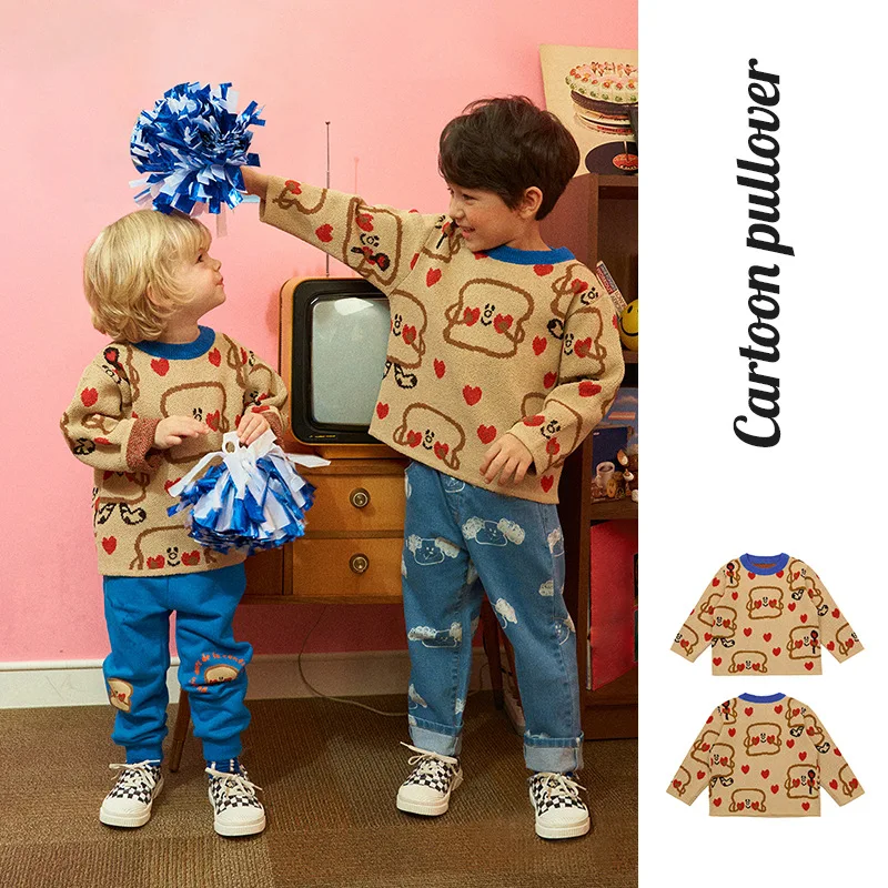 

Children's Clothing Children's Cartoon Bread Pullover Sweater Spring Boy And Girl Children's Knit Sweater And Pants Jeans Suit