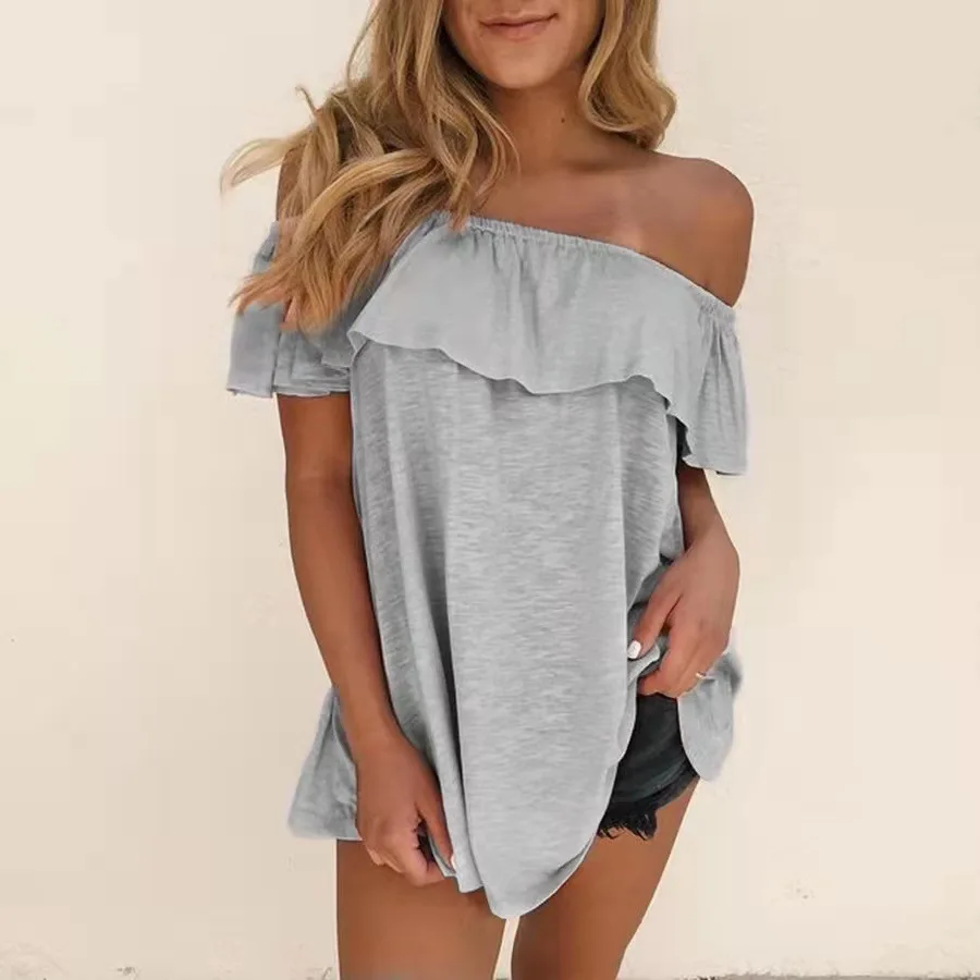 

Fashion women's top 2021 summer new lotus leaf neck short-sleeved t-shirt White