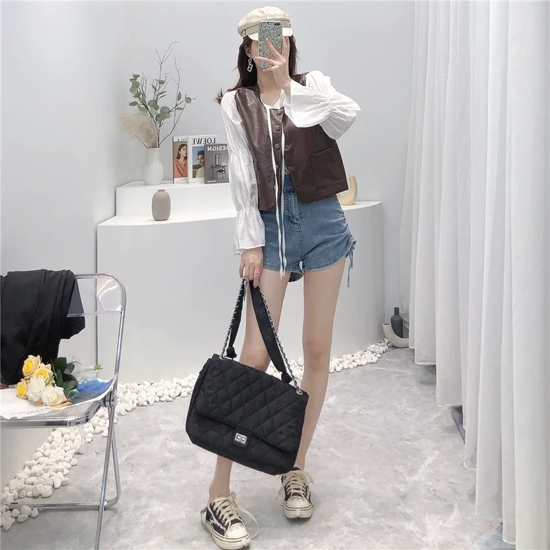 

Korejepo Women Shirt 2021 Summer New Fashion Two-piece Retro Female White Flared Sleeve Blouse Single-breasted PU Leather Vest