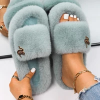 fluffy faux fur slippers for women vintage gold metal animal decoration slides platform designer fur sandals winter shoes