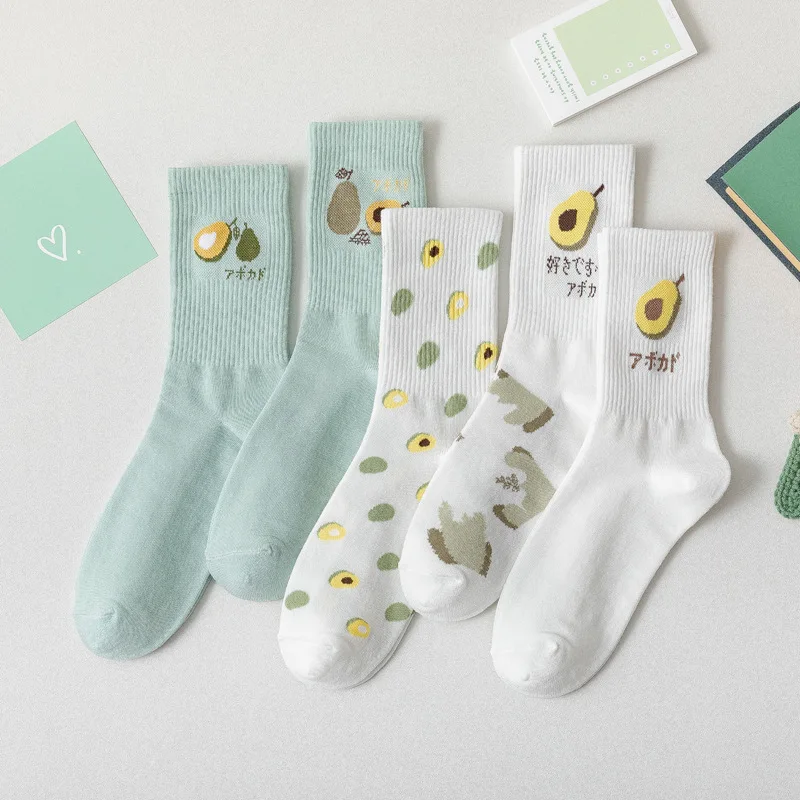 

5 Pairs Socks Set Cartoon Kawaii Avocado Women's Cotton Japanese and Korean Fashion Ins Skin-friendly Breathable Funny Short Sox