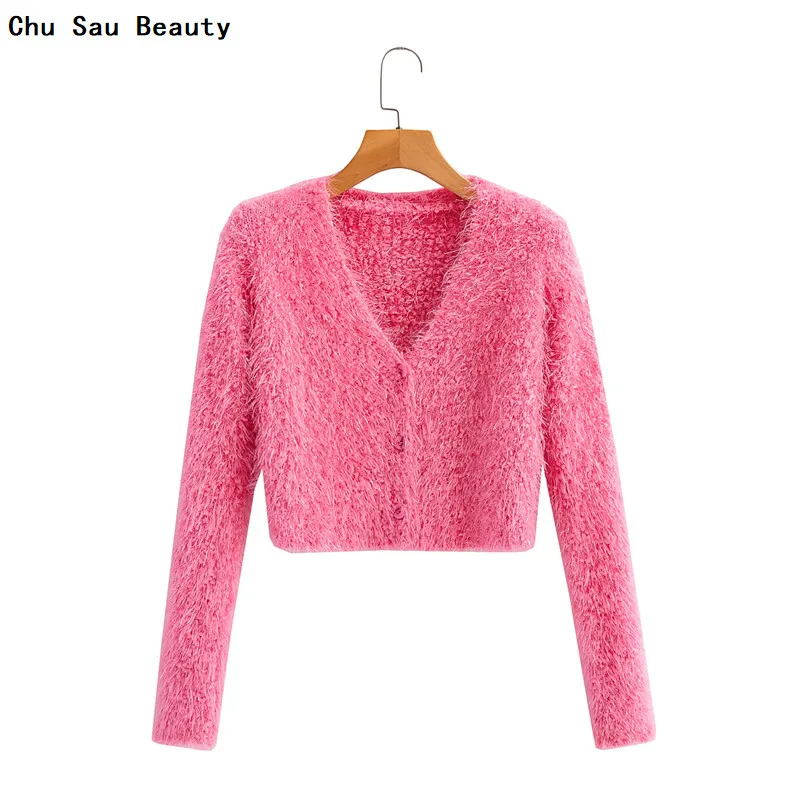 

2021 Women's Fashion Rose Red Furry Short Cardigan Ladies Sweet Cute Long-Sleeved Sweater Spring&Autumn Slim High Street Jacket