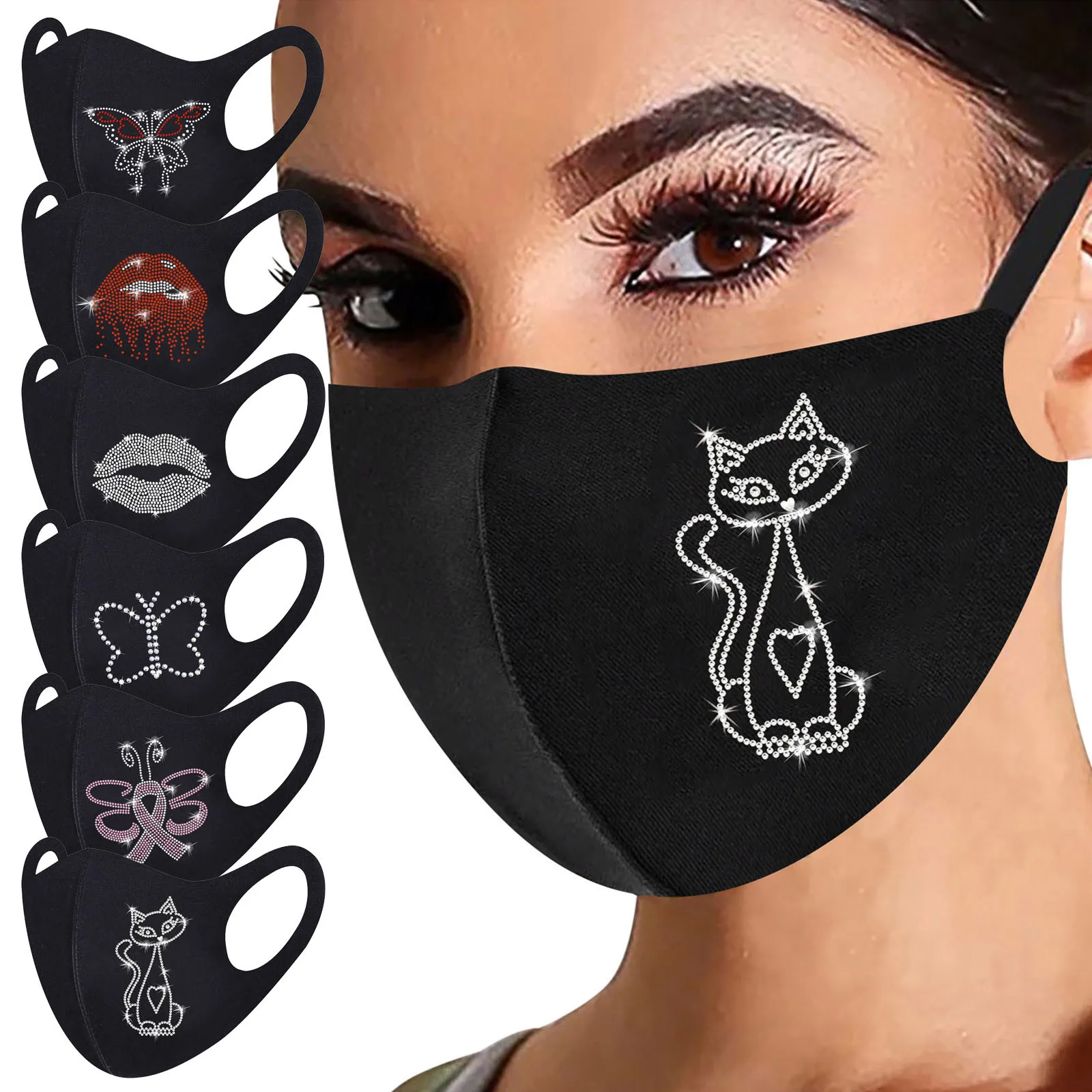 Маска для взрослых с принтом кошки черная дышащая маска лица защитная сияющая