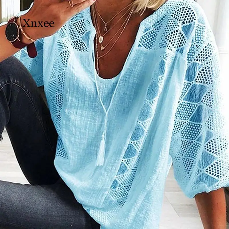 

casual lace boho Tops Women Three Quarter Sleeve Loose T-shirt Autumn Women T-shirts O-neck Top Hollow-out tassel beach sky blue