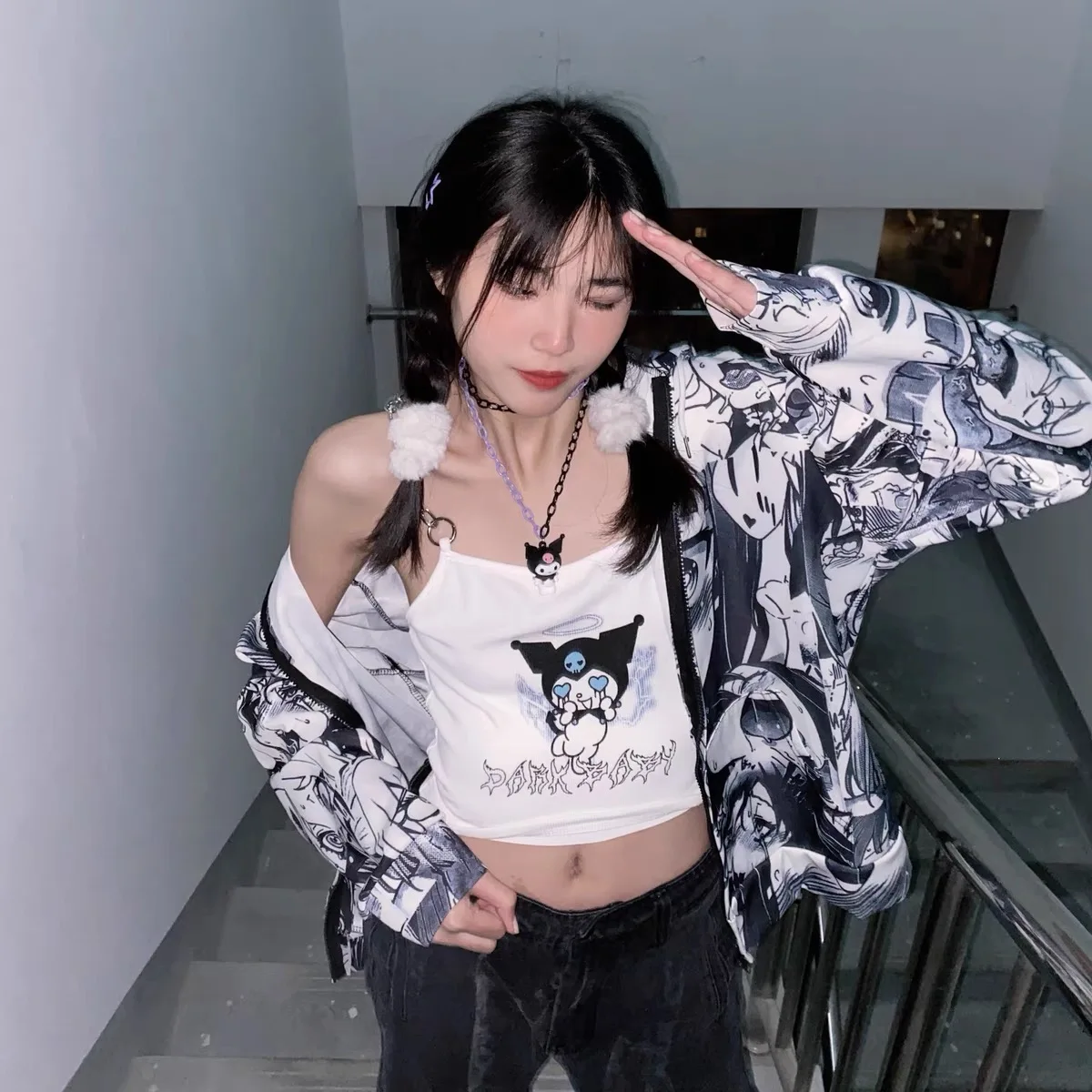 

2021 Summer Dark Wind Chain Sling Cartoon Printed Vest Sling Women's Wild Slim Round Neck