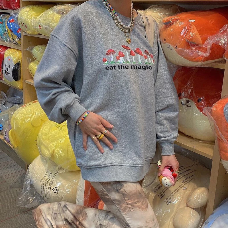

Rockmore Mushroom Print Oversized Sweatshirts Autumn y2k Long Sleeve Pullovers Women Casual Loose O Neck Top Vintage Harajuku