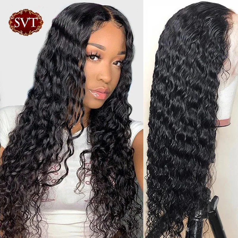 Water Wave Lace Wig MIddle T Part 13X4X1 Indian Human Hair Wigs For Black Women SVT Preplucked Lace Closure Wigs Wet And Wavy