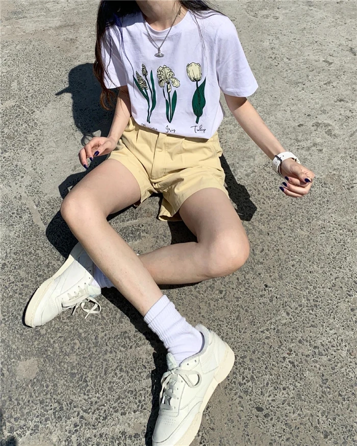 

Simple Flower Print T Shirt Women Korean Summer New Round Neck Pullover Loose Short Sleeve T-shirt