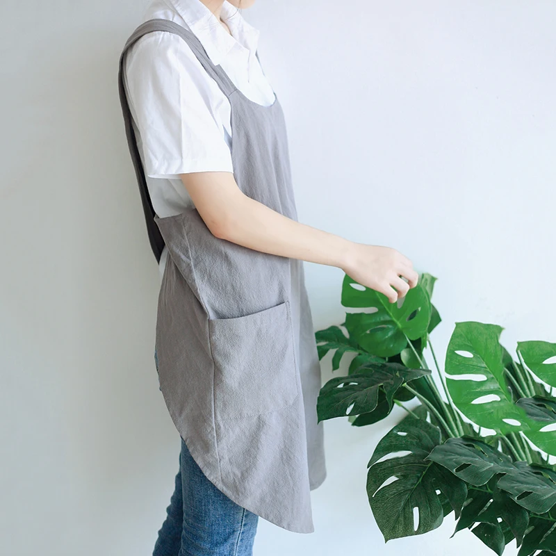 

Waterproof Women Cotton Linen Cross Back Apron Japanese Housework Kitchen Cooking Double Pocket Apron Florist Working Apron