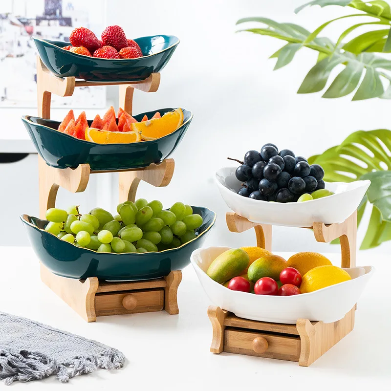 Ceramic fruit tray living room household double layer three layer fruit check core tray fruit basket fruit tray food container