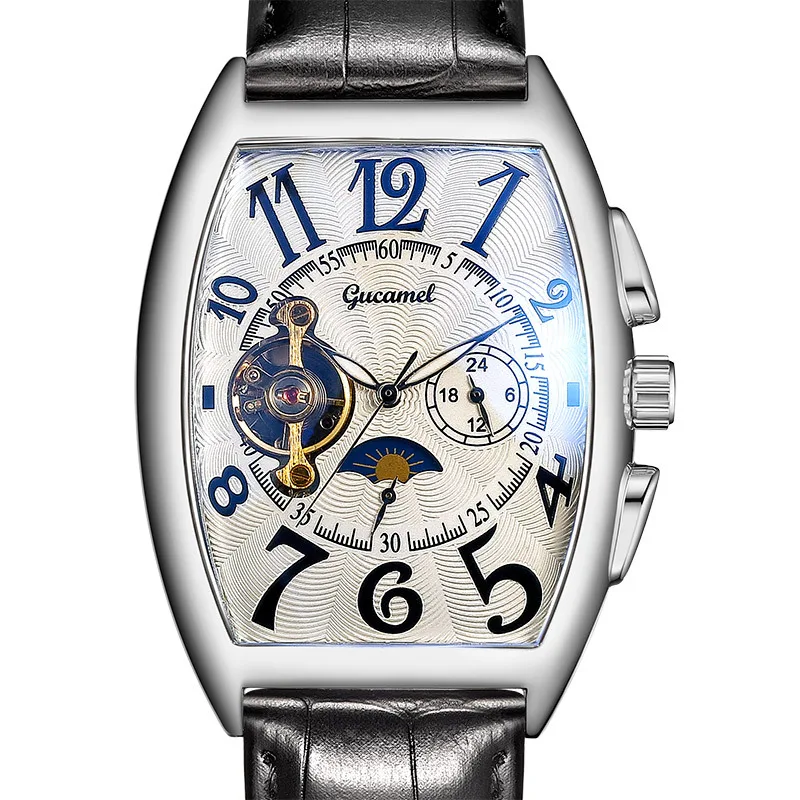

Mens Mechanical Watch Fashion Tonneau-shaped Tourbillon Automatic Watch Moon Phase Sports Watch Relojes Para Hombre Best-selling