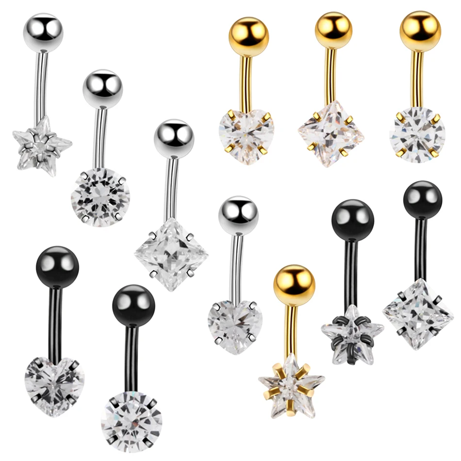

New Arrival 1PC Stainless Steel Prong Setting Crystal Gem Belly Button Rings Black&Gold Navel Bar Piercing Rings Jewelry