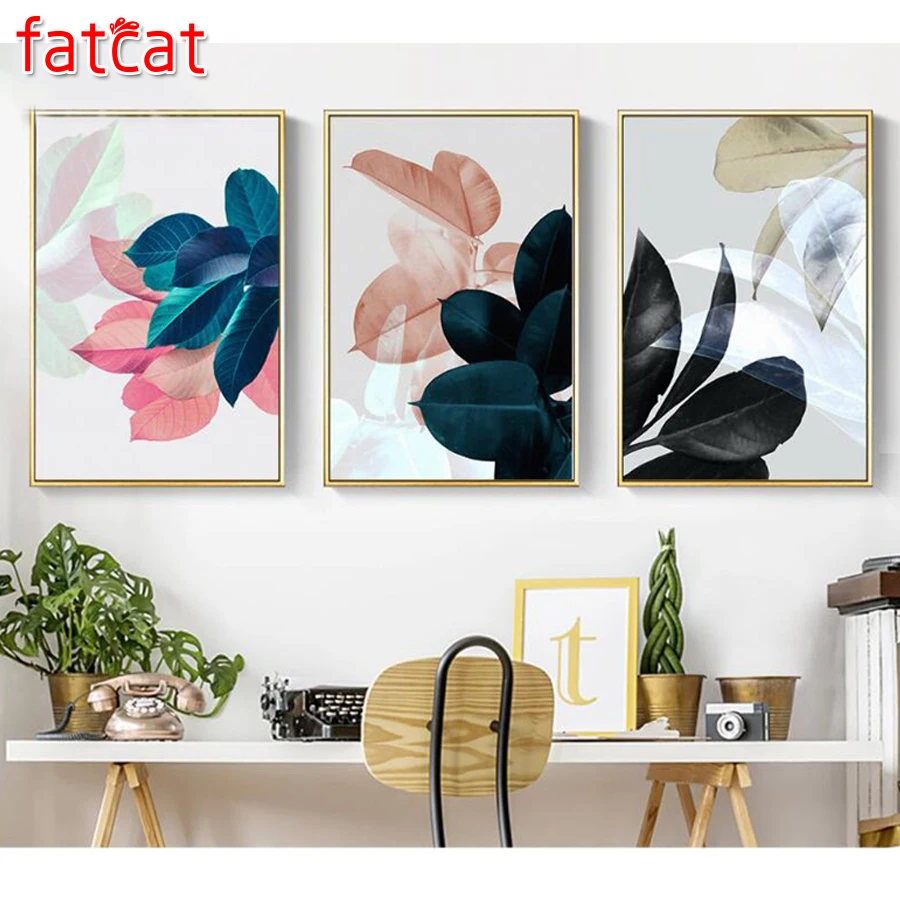 

Алмазная картина FATCAT, абстрактные разноцветные листья, 5D, квадратная круглая дрель, набор для самостоятельной вышивки, Триптих, домашний де...