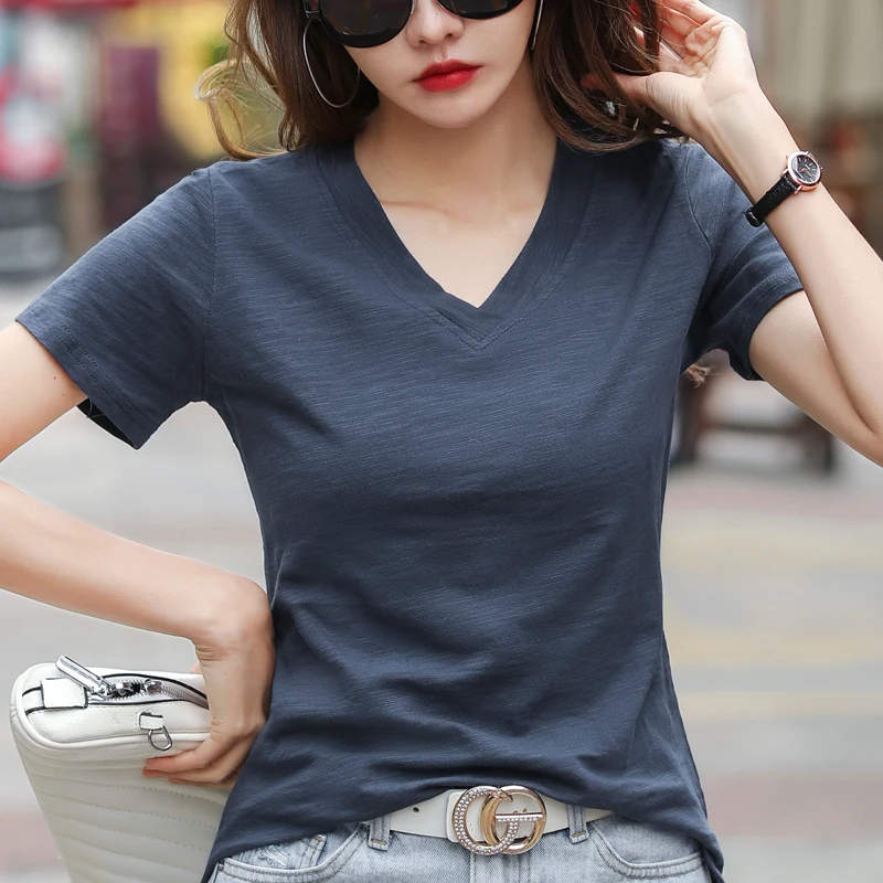 

Women Harajuku White T-shirt Summer Brand Cotton T Shirts Female V-Neck Short Sleeve Tshirts Casual Loose Simple Solid Tees Tops