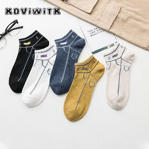 Новинка; Хлопковые джинсы; Короткие черные носки с принтом; Женские повседневные носки в полоску для счастливых девушек; Модные зимние короткие носки для девушек в студенческом стиле