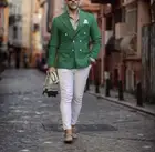 Зеленый Блейзер с белыми брюками, мужской костюм для свадьбы, мужские костюмы, повседневный облегающий мужской костюм, 2 предмета (пиджак + брюки), изготовление на заказ