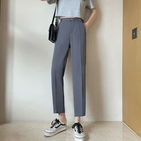 suit pants womens summer thin high waist loose straight casual trousers office lady solid vintage ankle length chic streetwear