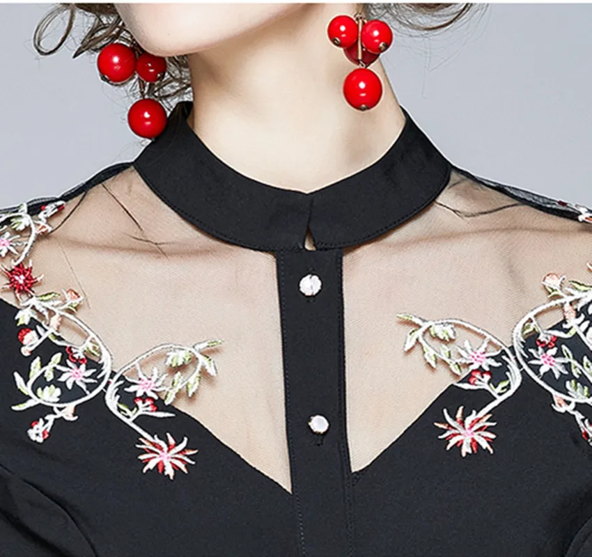 

JSXDHK Luxury Women Long Sleeve Shirt Tops New Spring Autumn Mesh Patchwork Floral Embroidery Chiffon Office OL Blouse Femme