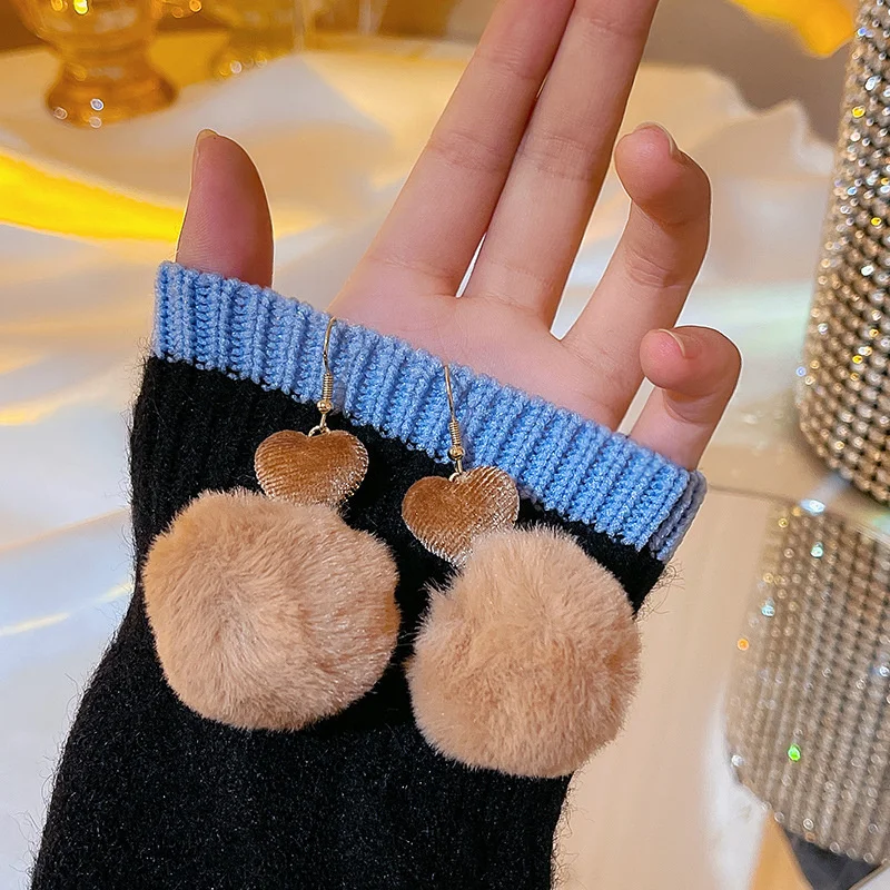 

Winter Fashion Cute Trendy Fur Ball Love Earrings For Women Girls 2021 New Arrivals Cute Bow Zircon Trendy Jewelry