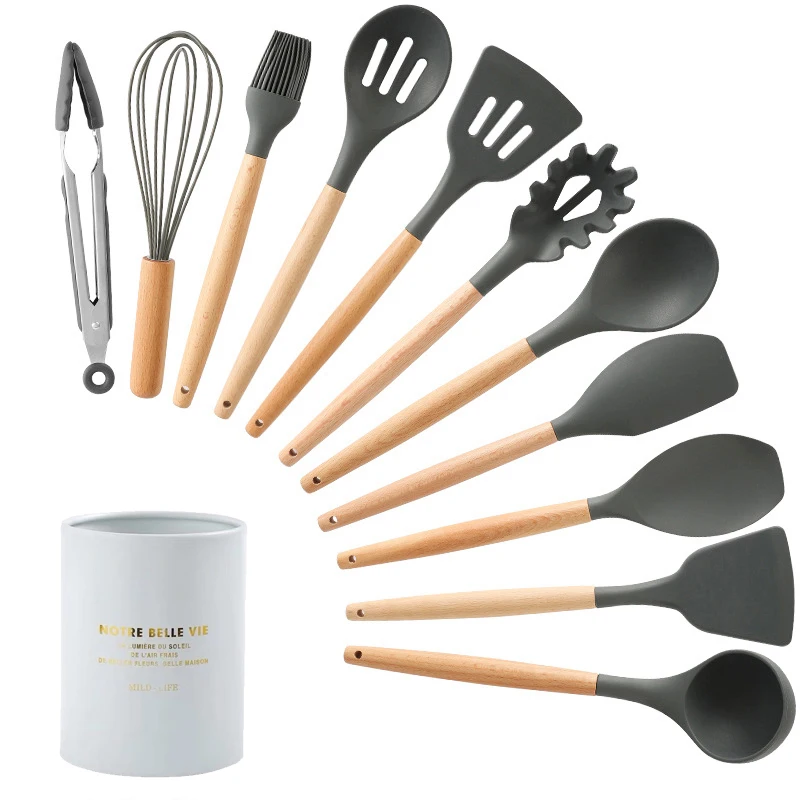 12-pcs kitchen set Новинка, для возраста от 9/13 шт. Кухня силиконовые инструменты для Пособия по кулинарии посуда с деревянной ручкой Кухня набор посуды из нержавеющей стальной ящик для хранения подарок - Цвет: 12-pcs kitchen set