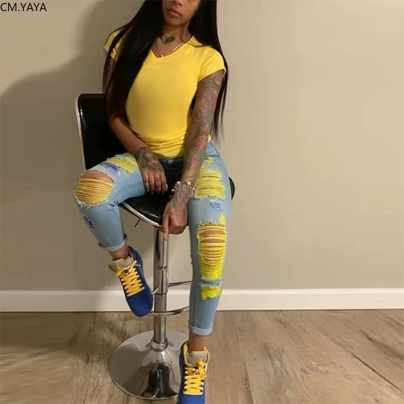 

2020 Summer Denim Pants Women Retro Solid Sexy Hole Jeans Ripped Pencil Trousers Street Skinny High Waist Lady Pants GL901