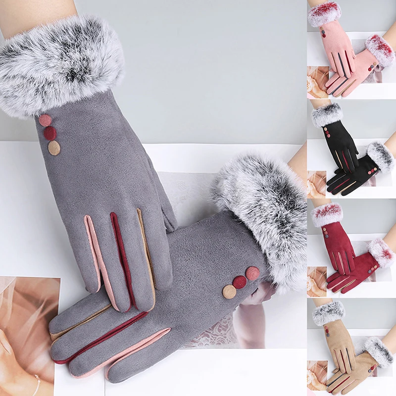 

2021 High Quality Touch Screen Warm Gloves Women Winter Thickened Color Leather Gloves Rabbit Fur Gloves